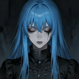 full face shot of rimuru tempest, sky blue straight hair, long bangs, closed eyes, wearing a fancy black jacket, high collar, ultra detailed, brush strokes, digital painting, cinematic, wlop artstation, closeup, pixiv, eerie, scary, haunted, spooky, yoshitaka amano, junji ito,