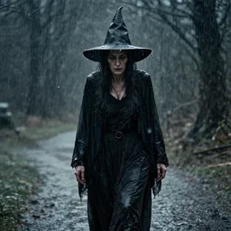 really old witch, walking through heavy rain, melancholic, sad, lots of raindrops, detailed, cinematic, dramatic lighting, by howard finster