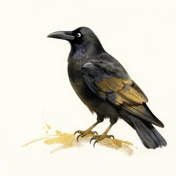 beautiful serene smart raven, healing through motion, minimalistic golden ink airbrush painting on white background, studio ghibli