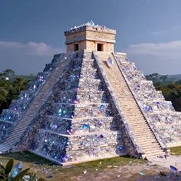 a mayan pyramid made of crystal gems, bioluminiscense, fantasy art