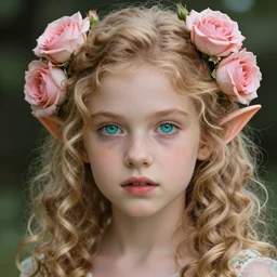 a beautiful young girl, turquoise eyes, curly blond, angel face, pointed ears, roses in her hair, hyperrealistic, fairy look, cinematic, trending on art station s 2 4 5 7 3 0 6 9 2