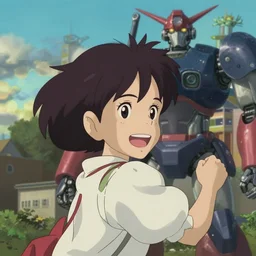 anime fine details portrait of joyful school girl and big robot, city landscape on the background deep bokeh, profile close-up view, anime masterpiece by Studio Ghibli. 8k, sharp high quality anime