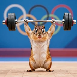 a high quality photo of chipmunk exercising weightlifting, lifting barbell over it's head, backdrop in olympic game, render, ultra realistic, epic lighting, cgsociety