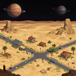 main street of a small human colony, on a remote desert planet, from a space themed point and click 2 d graphic adventure game, set design inspired by hg giger, art inspired by thomas kinkade