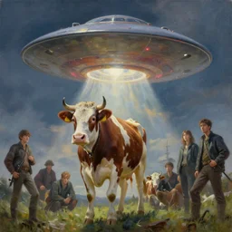 ufo over the cow, oil on canvas, masterpiece, trending on artstation, featured on pixiv, cinematic composition, dramatic pose, beautiful lighting, sharp details, hyper-detailed, HD, HDR, 4K, 8K, art by Tim Hildebrandt and Wayne Barlowe and Bruce Pennington and ruan jia and larry elmore,