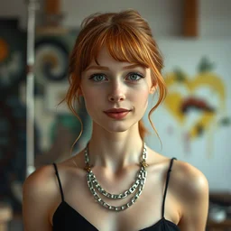 a portrait photograph of a crazy beautiful young woman painter in her studio, wearing a black dress and silver necklace, copper hair, dof, sharp focus, slight smile, pale, highly detailed face, symmetric face, 4 k, cinestill 8 0 0 t, exif, raw, photography by andreas franke