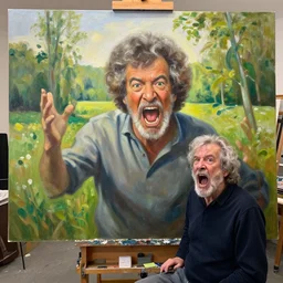 old!!!!!!!!!!!!!!!!!!! grey haired, bob ross is sad and frustrated and angry and yelling!!!!!!!!!!!!!!! at a huge painting of nature!!!!!!!!!! by bob ross, masterpiece, trending on artstation