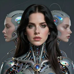 portrait of lana del rey as a cyborg. intricate abstract. intricate artwork cyberpunk by tooth wu, wlop, beeple, dan mumford. octane render, trending on artstation, greg rutkowski ruan jia, cinematic, hyper realism, unreal 4, high detail, octane render, 8 k, key art, iridescent accents