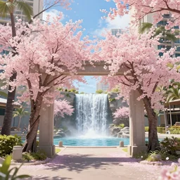 a sakura portal appears out of nowhere in kalakaua avenue in waikiki with waterfall, the sakura portal is a gateway to renaissance street, cinematic, ultra detailed, majestic, intricate, by android james, ruan jia, ilya kuvshinov, martine johanna, jakub rebelka
