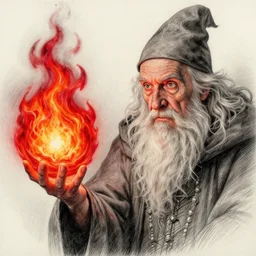 a elderly wizard casting a red fireball | | pencil sketch, realistic shaded, fine details, high detail, real life skin, freckles, 8 k, stunning detail, realistic shaded lighting poster by greg rutkowski, magali villeneuve, artgerm, jeremy lipkin and michael garmash and rob rey