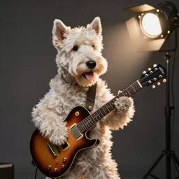 photo still of an anthropomorphic westie!!!!!!! shredding a guitar on stage, 8 k, 8 5 mm f 1. 8, studio lighting, rim light, right side key light