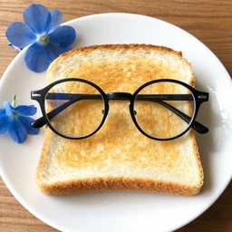 [ bread toast ] wearing [ rounded black eyeglasses and blue flower ]