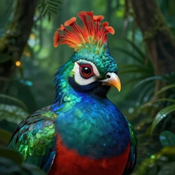 A mayan quetzal bird , in a jungle glowing extremely detailed and beautiful face, By Artgerm,  trending on artstation.