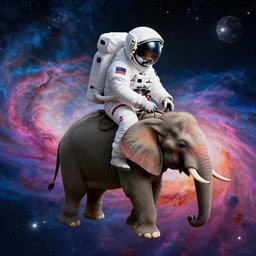 astronaut riding! an elephant!! in space, colorful nebula in the background, photorealistic Octane render,