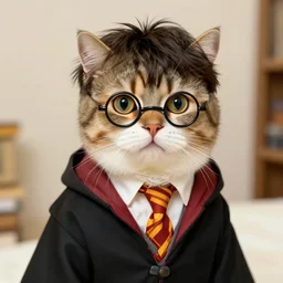 detailed and realistic cat dressed up as harry from harry potter