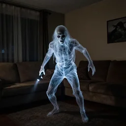 transparent horror demon evil spirit attacks in living room with interior photos shot on iphone, dynamic pose, full body shot, sharp focus, grainy, corpse, paranormal flashlight, deep night, total darkness,