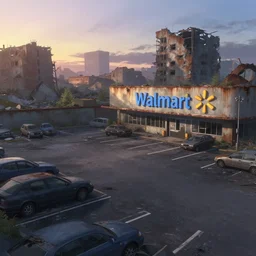 the parking lot of a walmart in a post - apocalyptic destroyed ruined rusted city at dawn, cars, a fantasy digital painting by makoto shinkai, trending on artstation, highly detailed