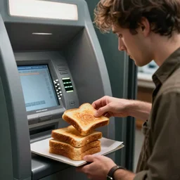 a man depositing multiple slices of french toast at the atm machine