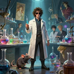 a plague doctor and a humanoid rat in a laboratory with lots of flasks filled with magic liquids, stephen bliss, unreal engine, fantasy art by greg rutkowski, loish, rhads, ferdinand knab, makoto shinkai and lois van baarle, ilya kuvshinov, rossdraws, tom bagshaw, alphonse mucha, global illumination, radiant light, detailed and intricate environment