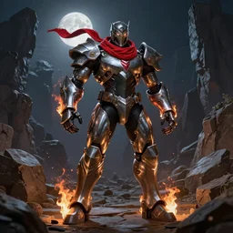 Biomechanical armored ((Knight)) wearing a red scarf on fire at the ends standing in a rock quarry, moonlit night, ((full body single character)), League of Legends Character Splash Art, rubber suit, Arcane style, action scene, fight scene, good value control, high quality, 4k, ultra realistic, highly detailed, illustration, promotional image, matte painting, rule of thirds, centered, cinematography