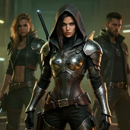 cyberpunk 2 0 7 7, charismatic rugged female battle - mage portrait, clothed in hooded, metal - plated battle armour atmospheric lighting painted intricate volumetric lighting, beautiful, sharp focus, ultra detailed by leesha hannigan, ross tran, thierry doizon, kai carpenter, ignacio fernandez rios