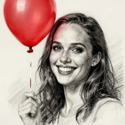 surrealism grunge cartoon portrait sketch of natalie portman with a wide smile and a red balloon by - michael karcz, loony toons style, horror theme, detailed, elegant, intricate