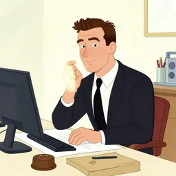 cartoon of pierce brosnan sitting at an architect's drafting table