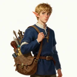 portrait of a young curious handsome male wood elf scholarly adventurer wearing a navy blue student's tunic carrying a satchel of arcane supplies, by Raymond Swanland Greg Rutkowski Lise Deharm, intricate, masterpiece, sharp, digital art, ArtStation, CGStation, 8k, elf ears