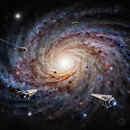 a view of a spiral galaxy with a group of spaceships flying through it, 1950s art deco, retrofuturism, edward hopper