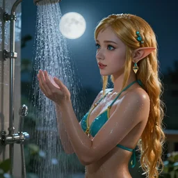 portrait of zelda talking a shower with bikini under the moon in a romantic scene, fantasy style, octan render, ultra realistic, beautiful nightscene