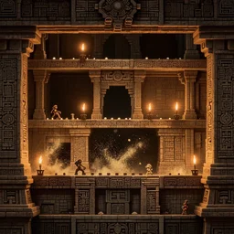 majestic ancient mayan temple horizontal tunnel , side-scrolling 2d platformer game level, glittering dust in the air illuminated by torch lights, fantasy totem ruins with intricate mayan glyphs, volumetric light , detailed carved ornaments, rich color, upscale , 8k