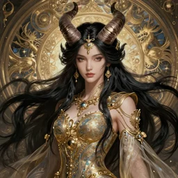 fullbody!! of a beautiful woman with long black hair, big natural horns on her head, flowing intricate dress, gold jewellery, dnd, face, fantasy, intricate, elegant, highly detailed, digital painting, artstation, concept art, smooth, sharp focus, illustration, art by artgerm and greg rutkowski and alphonse mucha