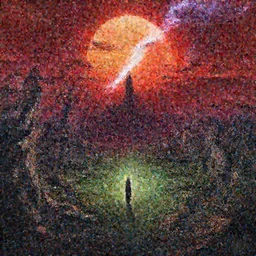abandoned bloodborne old valley with a person at the centre and a ruined city at the end, trees and stars in the background, falling red petals, epic red - orange moonlight, perfect lightning, illustration by niko delort and kentaro miura, 4 k, ultra realistic