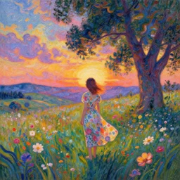 girl with flower dress, standing in a field with floating flowers, hills, big trees, sunrise dramatic light, impressionist painting, colorful clouds, digital painting, pointillism, artstation, simon stalenhag