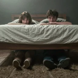 young couple hiding under the bed, foggy midnight, still from a HBO horror series, 2018 cinematography
