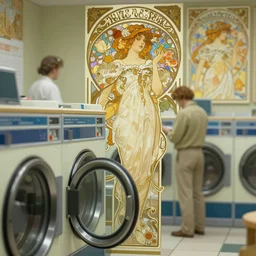 a laundromat, deep focus, intricate, elegant, highly detailed, digital painting, artstation, concept art, matte, sharp focus, illustration, art by artgerm and greg rutkowski and alphonse mucha