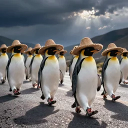 penguins in sombreros walking across the road