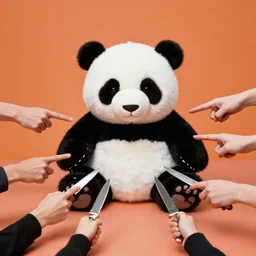 a lot of pointing knives surrounding a cute panda plushy toy. surreal photograph, lo - fi, polished look, solid background, silly and serious, hermes ad, fashion photography, toiletpaper magazine by pierpaolo ferrari and maurizio cattelan, 3 5 mm photograph, colourful, david lachapelle, canon eos c 3 0 0, 8 k, medium - format print