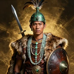 beautiful portrait depicted an tai mon khmer ethnic king, young khmer male face, clothed with an glass canelian agate beads, dongson bronze artifacts, leather, elegant and rich cloth made of fur and leather. he wears on head a helmet made of bronze, feathers, attaches iron sword and leather shield. by daniel f. gerhartz and artgerm and greg rutkowski. dark fantasy art, energetic mood, golden ratio composition, dynamic lighting, trending on artstation, poster, volumetric lighting, 4 k