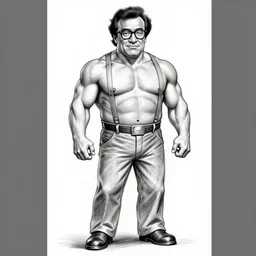 full body black and white pencil sketch of a muscular Danny DeVito wearing glasses