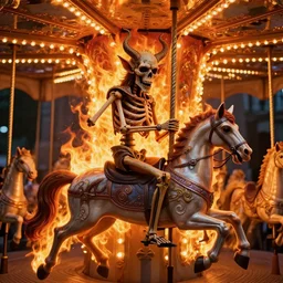a closeup of a skeleton demon riding a carousel in flames, beksinski, dariusz zawadzki, symmetrical, very coherent symmetrical artwork, cinematic, hyper realism, high detail, octane render, 8 k