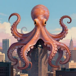 huge octopus towering over a city by rj palmer