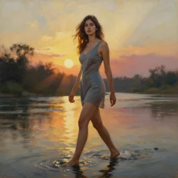 Photo of the most beautiful woman, she is posing, she is walking on a river, she is getting ulluminated by the rays of the sunset, the photo was taking by Steve McCurry, matte painting, oil painting, naturalism, 4k, 8k