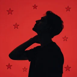 black sillhouette of a man looking up and holding his neck, red background with stars