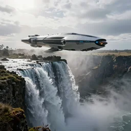a scifi spacecraft on the edge of a waterfall, zaha hadid design, beautiful landscape, environment, low angle view, hyper realism, concept art, low angle, high detail, volumetric, dramatic lighting, long shadows, ominous, misty, beautiful, by maxime bibi, breathtaking scene, cinematic, 8 k