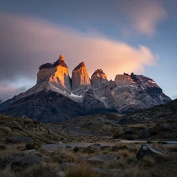 photograph of the torres del paine national park by mark owen. sunset. long exposure clouds. motion blur. cinematic. epic. pastel colors. kodak portra film!!. whirl bokeh!. mamiya 7. highly detailed. hq. photoreal. golden hour. lens flare. faded film.