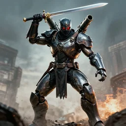 heavily armored ninja with shoulder mounted cannons and cybernetic legs and arms, raising its sword menacingly, bloodshot eyes can be seen behind the mask, shot by christopher nolan