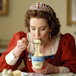 the queen eating a muller rice pudding