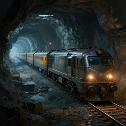 cyberpunk locomotive long long with many carriages on railroad through underground cyberpunk caverns. cave. tunnel. digital render. digital painting. beeple. noah bradley. cyril roland. ross tran. trending on artstation.