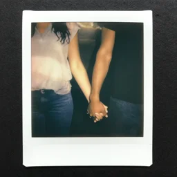 an interracial couple holding hands, flash polaroid photo by george hurrell, hazy light rays